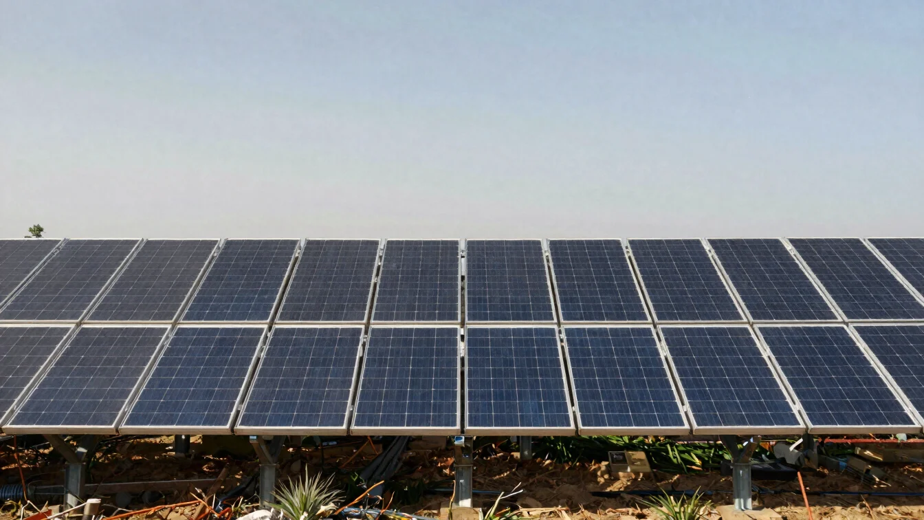 Solar panels in a working array under natural daylight, wide environmental view, realistic contrast, restrained solar bl