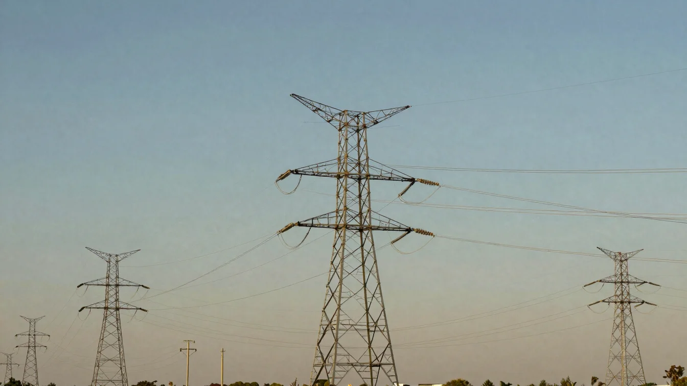 High-voltage transmission towers and conductors against an open sky, documentary infrastructure photography, natural day