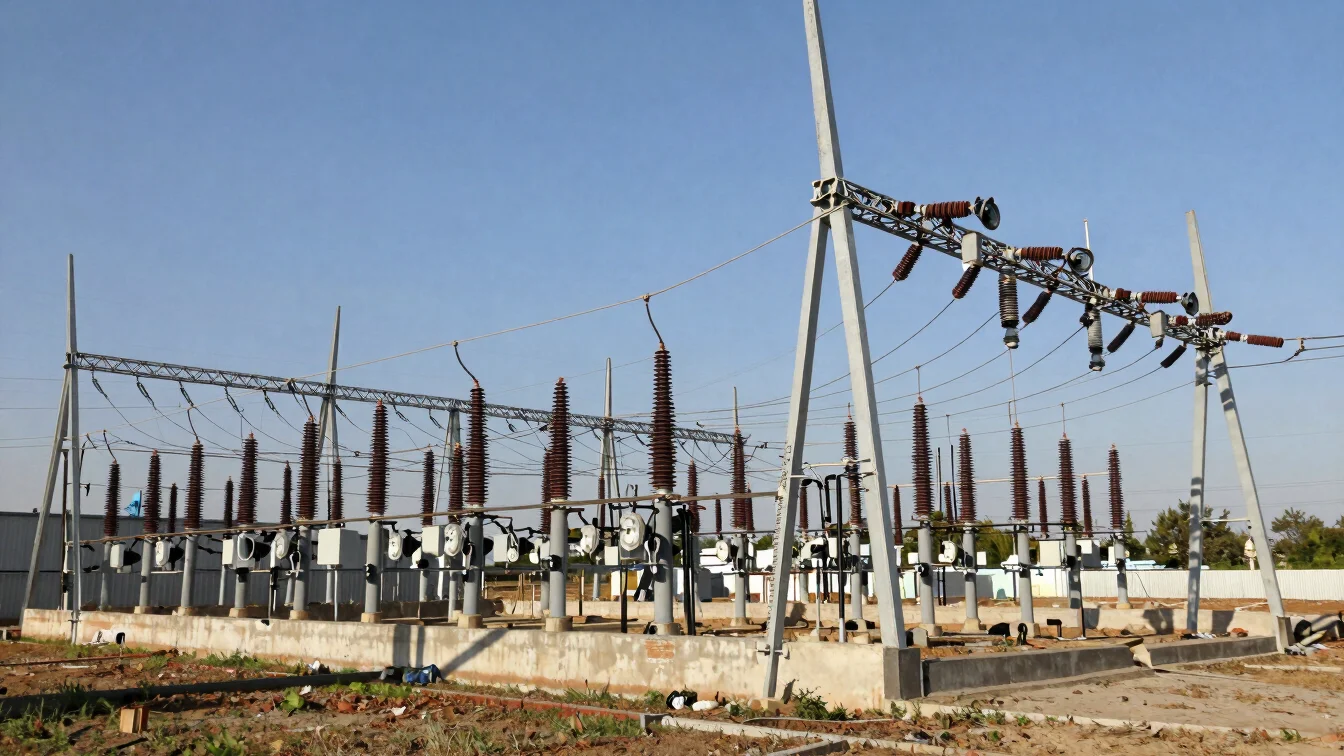 Electricity distribution substation and cabling in a clear wide view, natural daylight, realistic contrast, crisp detail