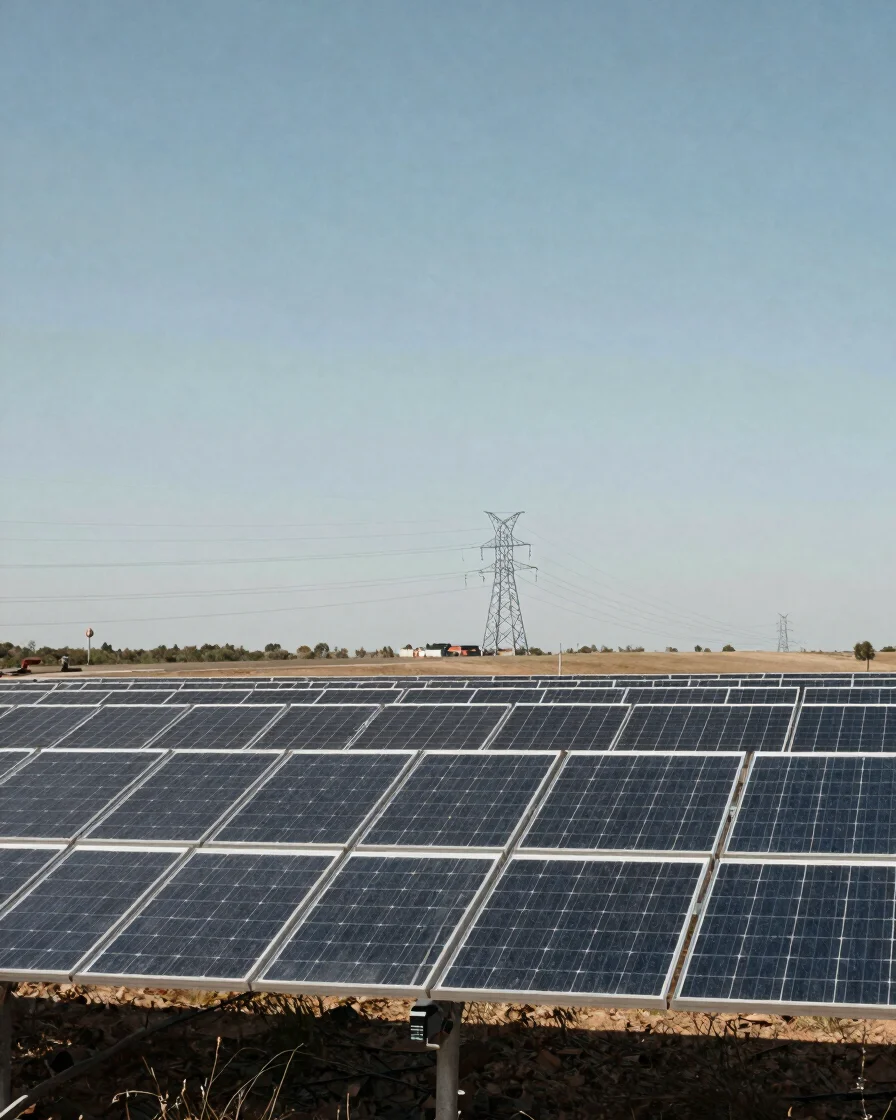 Documentary infrastructure photograph of a working solar photovoltaic array under natural daylight, wide-angle view, wit