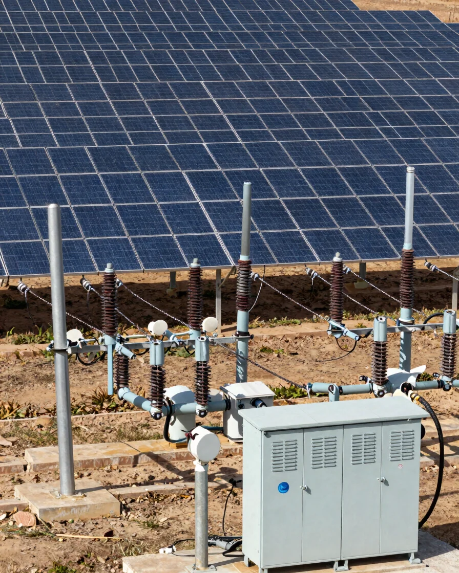 Documentary infrastructure photograph of electricity distribution equipment and substation components beside a solar arr