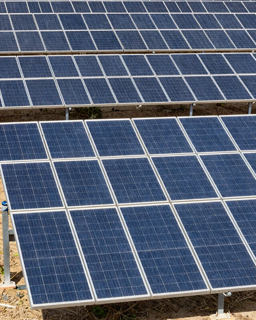 Wide-angle documentary photograph of a working solar panel array under natural daylight, restrained blue panels against