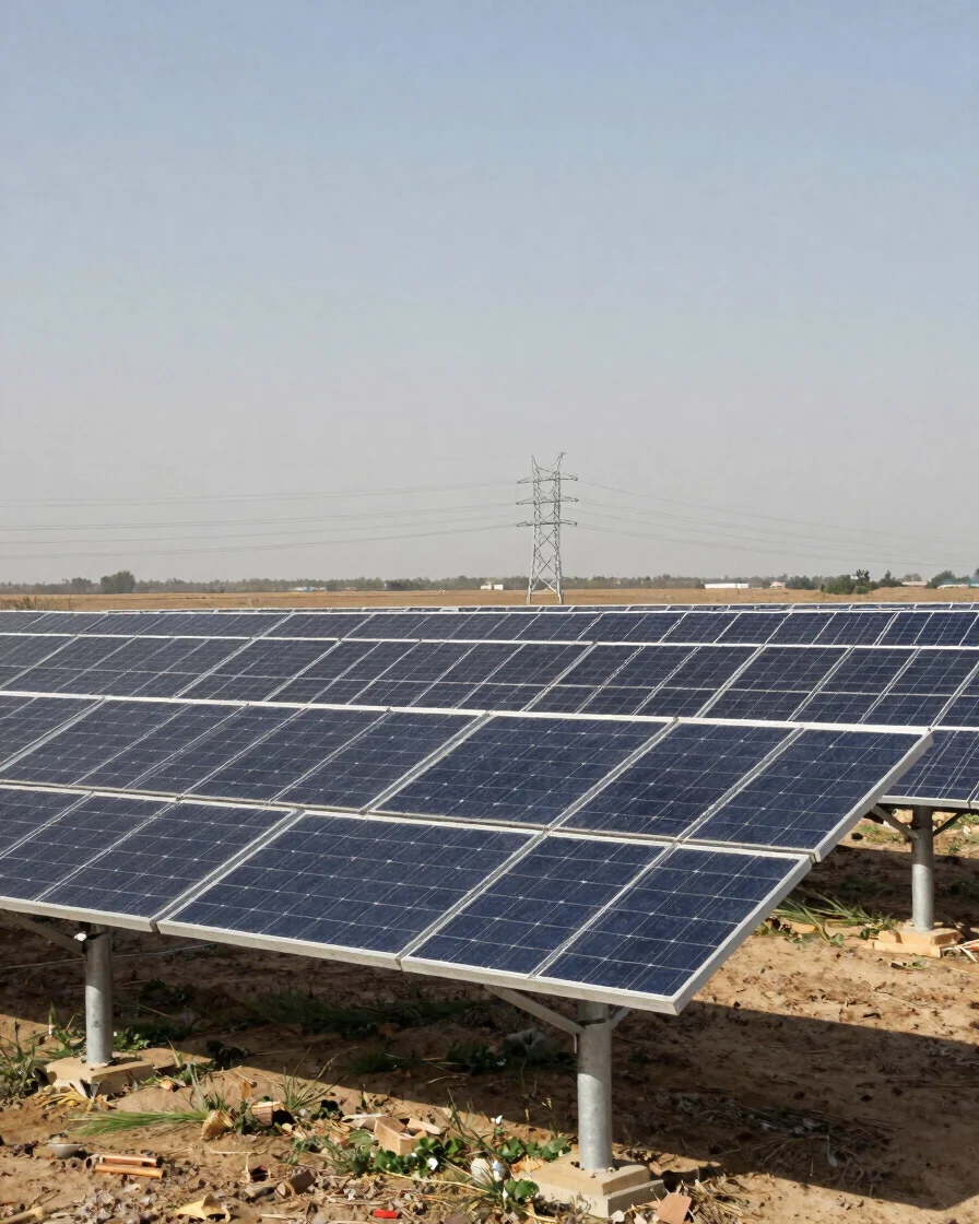 Wide documentary view of a working solar generation array under natural daylight, with a high-voltage transmission line